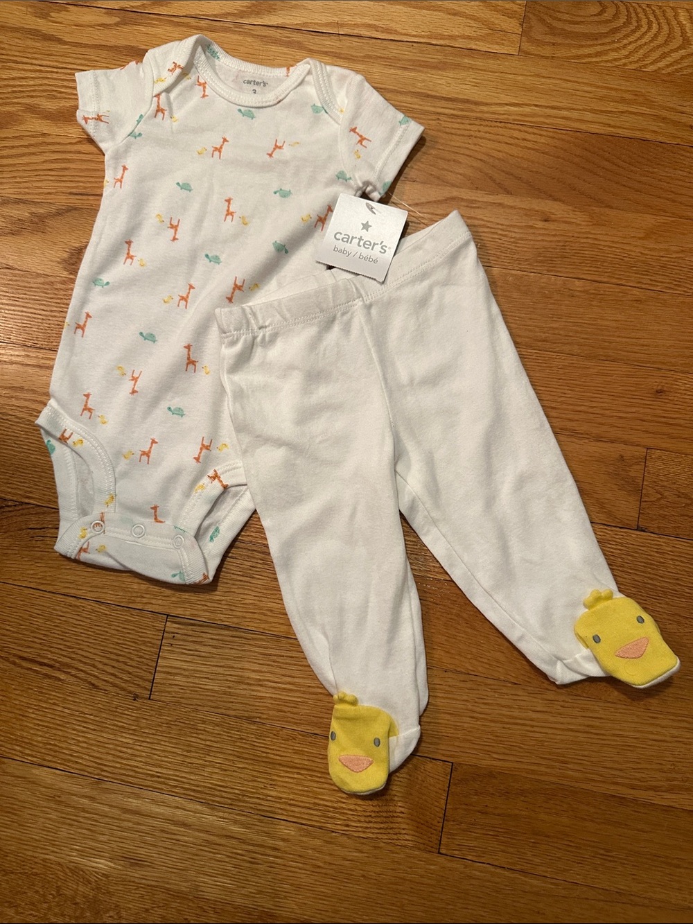 Carter's White Giraffe, Turtle, Chick Print Baby 2-Piece with Footed Pants